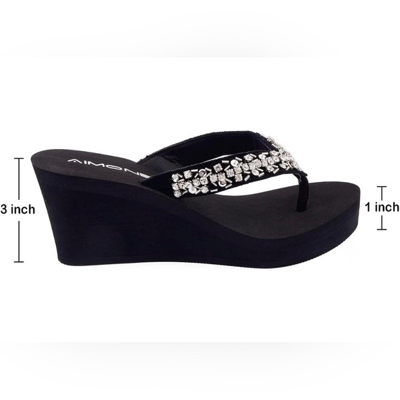 AIMONE-Appoline Wedge Flip Flop Sandals for Women Black Platform Sparkle - Picture 2 of 5